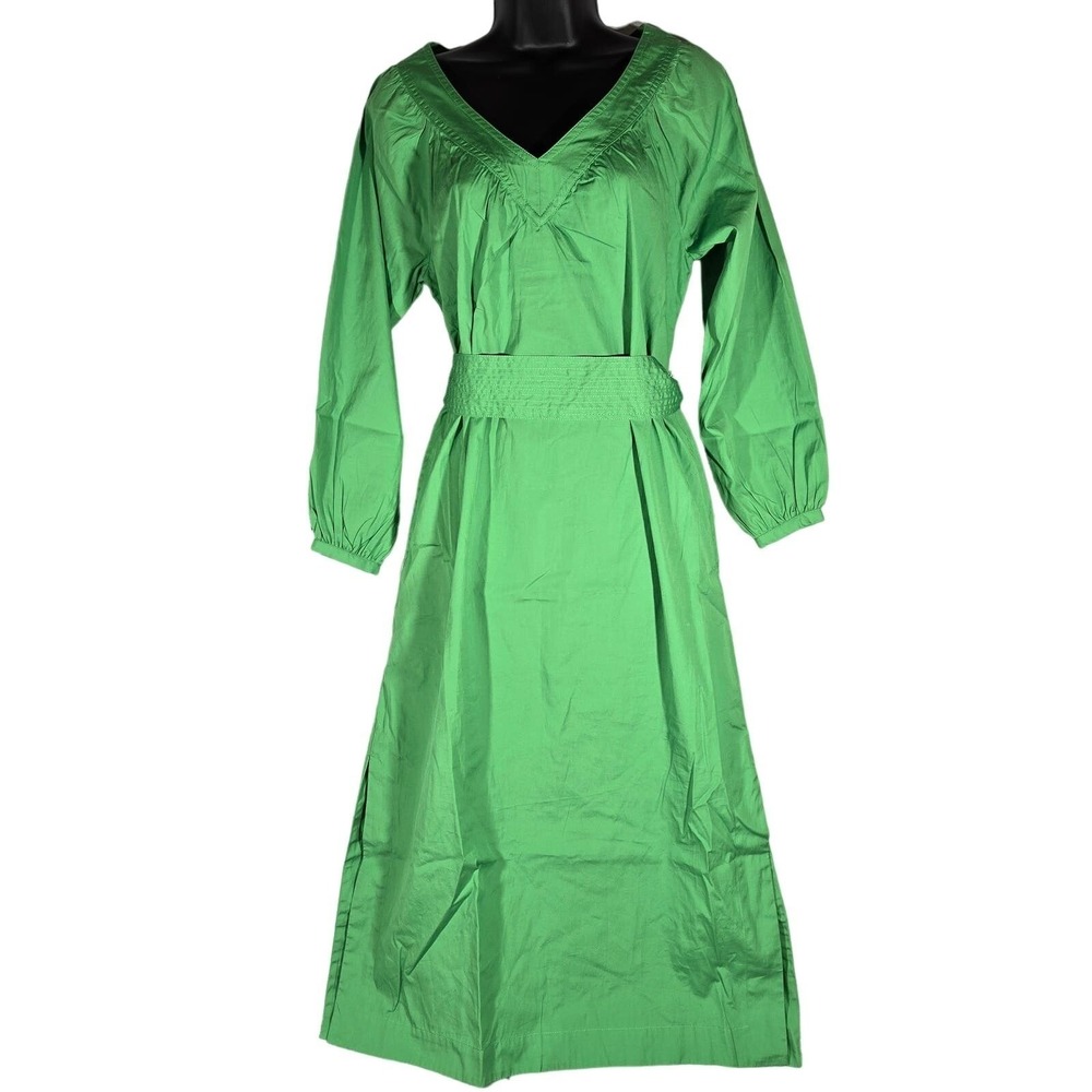 J. Crew Green Cotton Maxi Dress Belted V Neck Long Sleeve XXS Cotton Poplin NWT